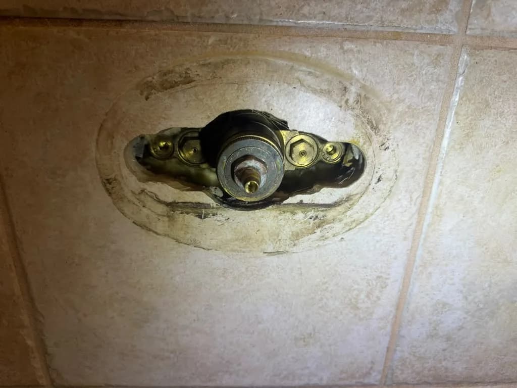 Shower valve cartridge exposed in a tiled shower wall